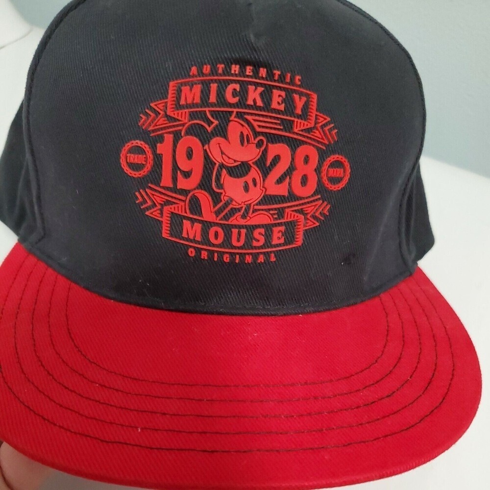 Disney Parks Hat Cap‎ Mickey Mouse 1928 Red Black Flat Bill Adjustable Snap Back